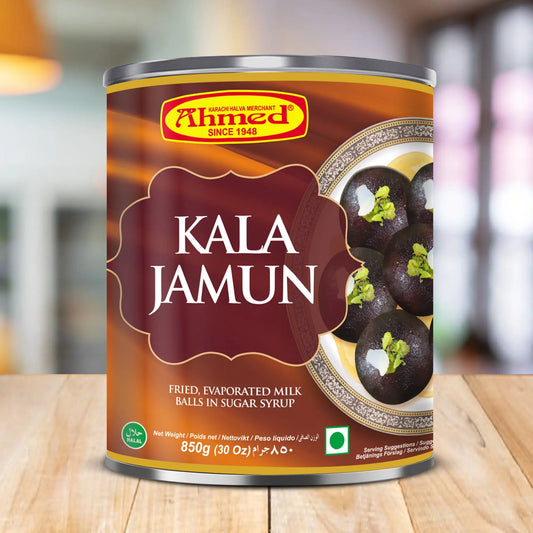 Kala Jamun Tin 850g, soft and syrupy Kala Jamun in tin packaging, traditional Indian sweets perfect for traveling