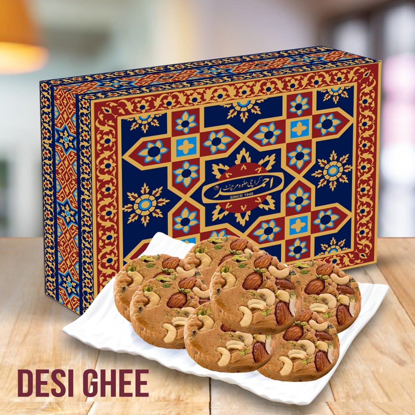 Super Sohan Halva 1kg, made with pure desi ghee and filled with dry fruits, a rich and flavorful Indian sweet for festivals and celebrations.