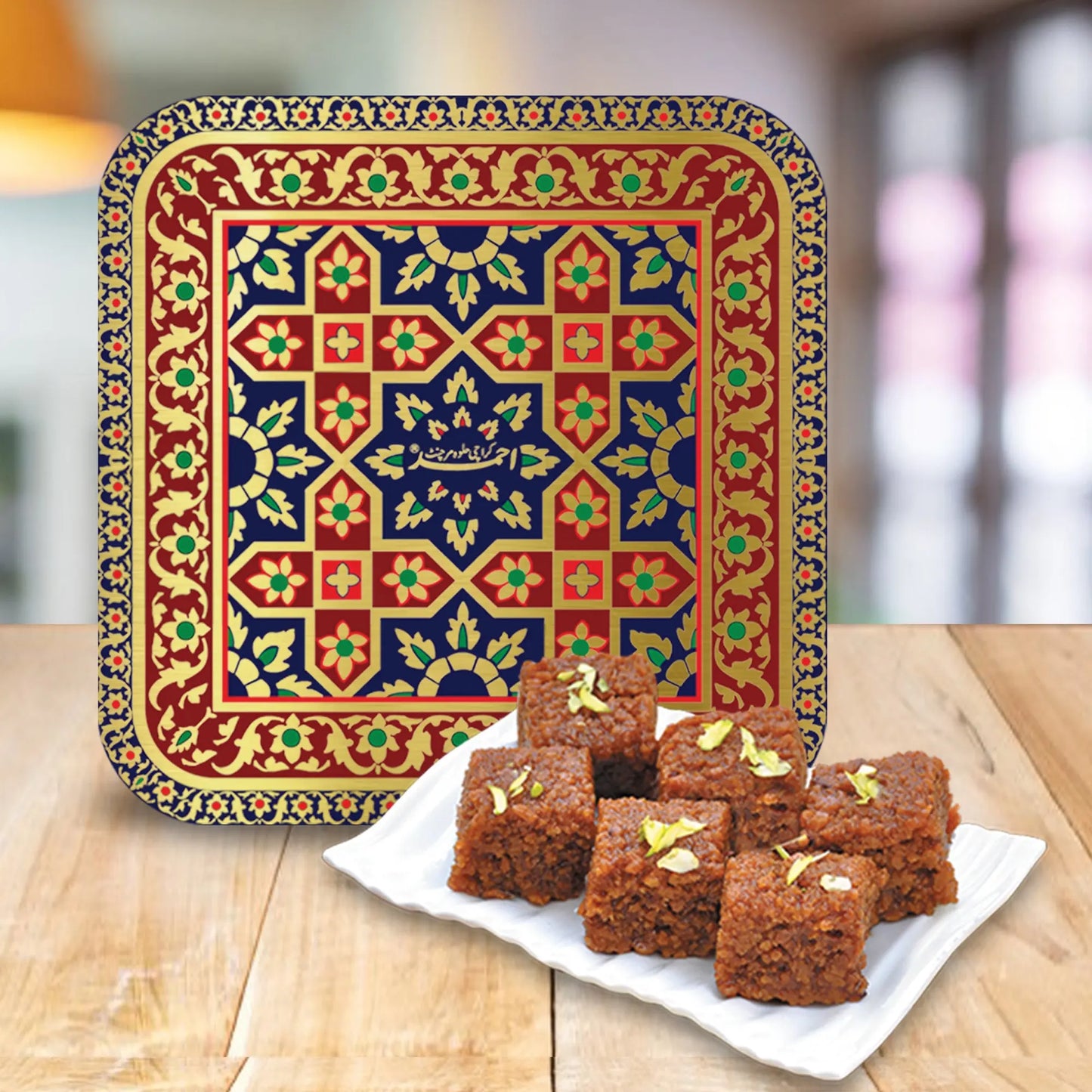 Habshi Halva Fancy Gift Tin Box 1kg, traditional Indian sweet in a fancy tin box, rich Habshi Halva with ghee, cardamom, and saffron