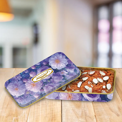 Premium Habshi Halwa 675g in Purple Floral Tin Box with Almond Garnish