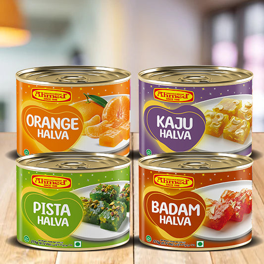Ahmed Karachi Halwa Merchant Premium Halva Bundle featuring Orange Halva, Kaju Halva, Pista Halva and Badam Halva 275g cans traditional Pakistani ready to eat sweets