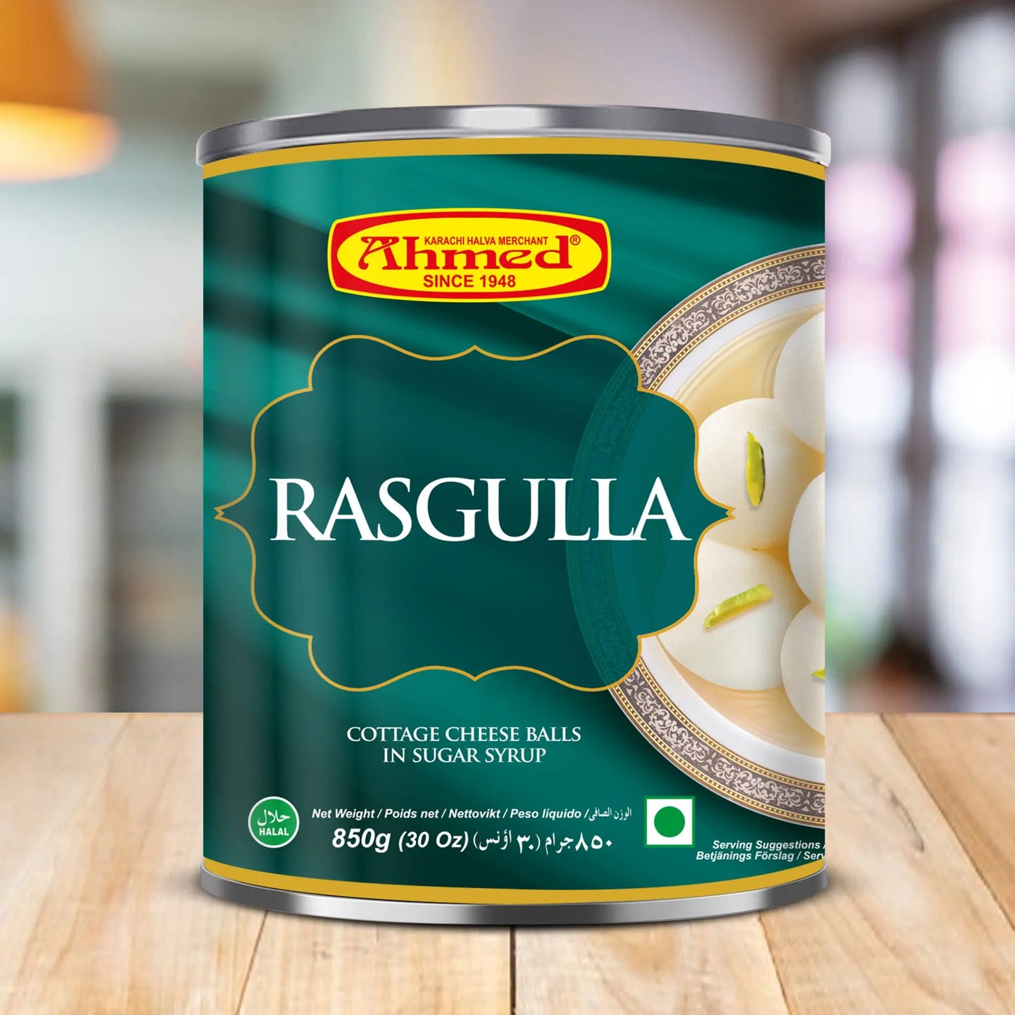 Rasgulla Tin - 850g, soft and spongy Indian sweet made with chhena and sugar syrup, packed in a tin pack, perfect for traveling and gifting