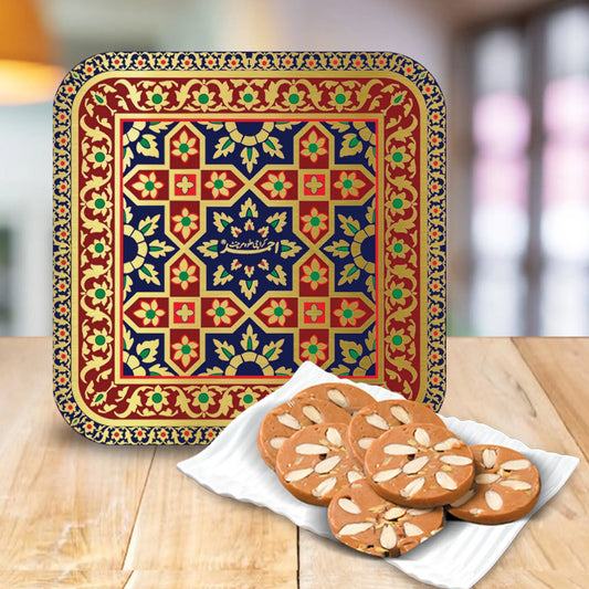 Sohan Halva Fancy Gift Tin Box - 800g, premium Indian sweet made with flour, sugar, and ghee, perfect for gifting and special occasions.