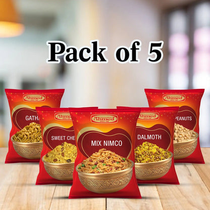 Nimco Pack of 5, includes Meetha Chewra, Daal Moth, Salted Peanuts, Gathiya, and Mix Nimco, traditional Indian snacks in one convenient pack