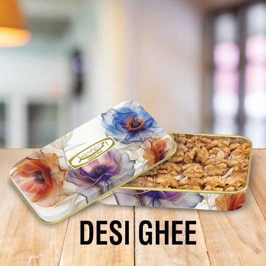 Akhrot Halwa 750g in Floral Tin Box – Walnut Halva Made with Pure Desi Ghee