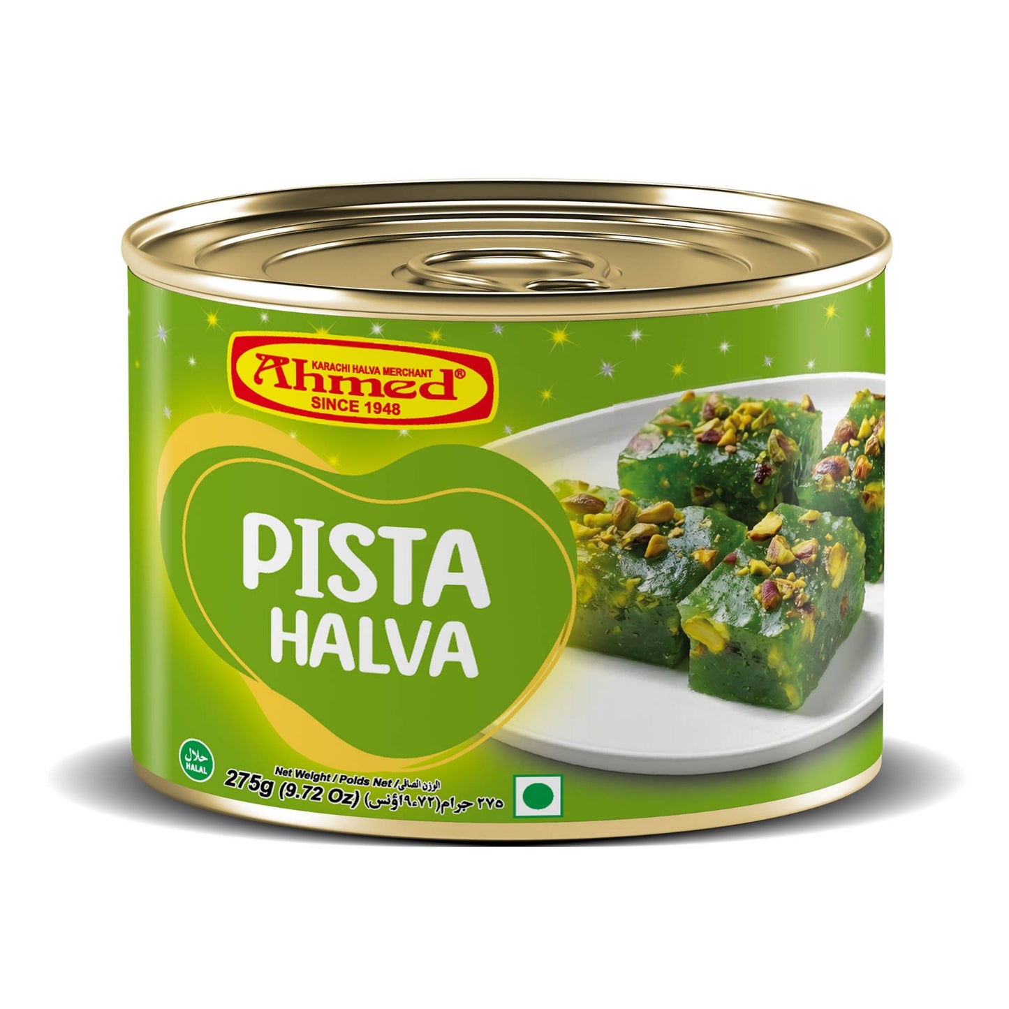 Ahmed Karachi Halwa Merchant Pista Halva 275g ready-to-eat traditional pistachio halva in premium sealed tin packaging