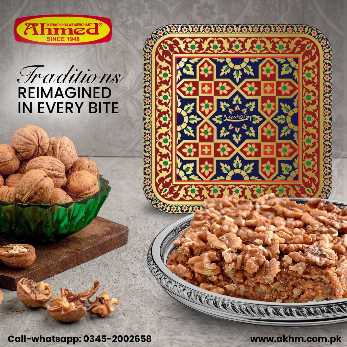Desi Ghee Akhrot Halva Fancy Gift Tin box - 1 Kg Ahmed Karachi Halva Merchant